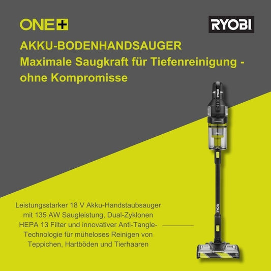 RYOBI 18 V ONE+ Brushless Bodenhandsauger RASV18BL-0 5133006323, 135 AW Saugleistung, Dual-Zyklonen HEPA 13 Filter, ohne Akku und Ladegerät, Anthrazit