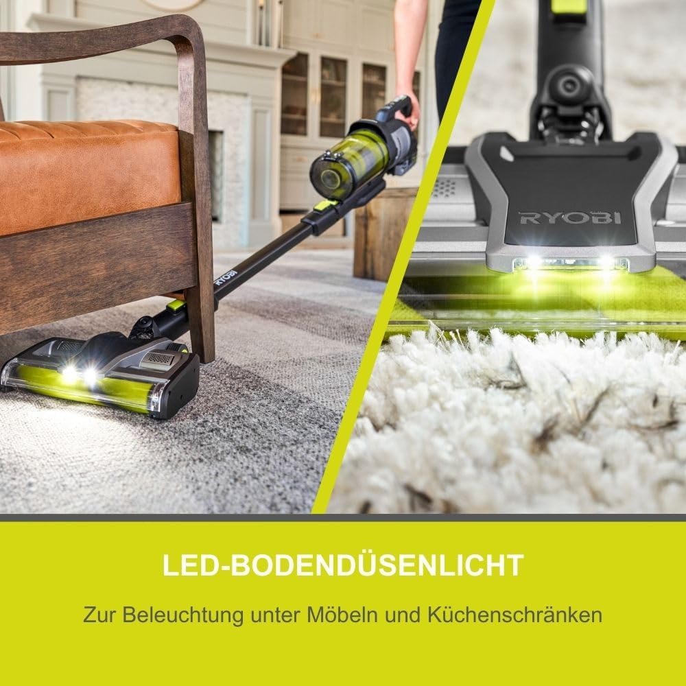 RYOBI 18 V ONE+ Brushless Bodenhandsauger RASV18BL-0 5133006323, 135 AW Saugleistung, Dual-Zyklonen HEPA 13 Filter, ohne Akku und Ladegerät, Anthrazit