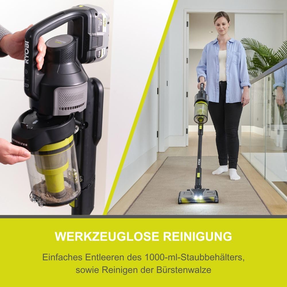 RYOBI 18 V ONE+ Brushless Bodenhandsauger RASV18BL-0 5133006323, 135 AW Saugleistung, Dual-Zyklonen HEPA 13 Filter, ohne Akku und Ladegerät, Anthrazit