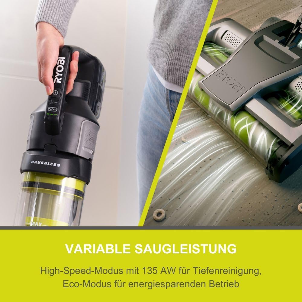 RYOBI 18 V ONE+ Brushless Bodenhandsauger RASV18BL-0 5133006323, 135 AW Saugleistung, Dual-Zyklonen HEPA 13 Filter, ohne Akku und Ladegerät, Anthrazit