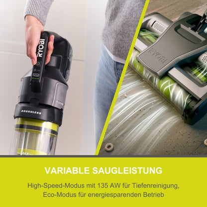 RYOBI 18 V ONE+ Brushless Bodenhandsauger RASV18BL-0 5133006323, 135 AW Saugleistung, Dual-Zyklonen HEPA 13 Filter, ohne Akku und Ladegerät, Anthrazit