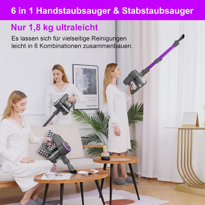 Akku-Staubsauger 25.000 Pa/175 W, 50 Min Laufzeit, kabellos, Anti-Tangle-Bürste, selbststehend, ultraleicht, für Teppich, Hartboden & Tierhaare