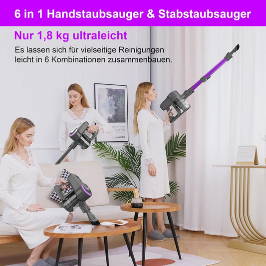 Akku-Staubsauger 25.000 Pa/175 W, 50 Min Laufzeit, kabellos, Anti-Tangle-Bürste, selbststehend, ultraleicht, für Teppich, Hartboden & Tierhaare