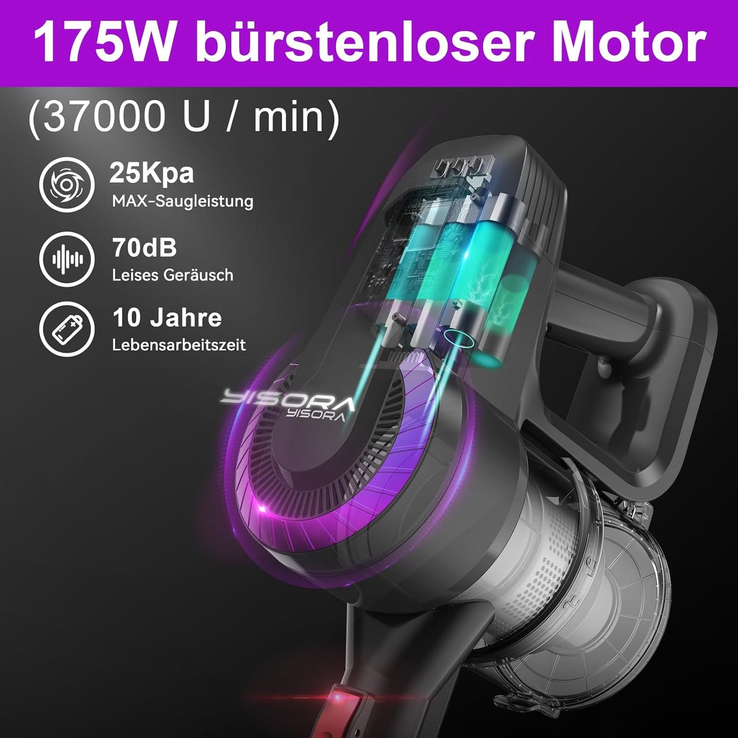 Akku-Staubsauger 25.000 Pa/175 W, 50 Min Laufzeit, kabellos, Anti-Tangle-Bürste, selbststehend, ultraleicht, für Teppich, Hartboden & Tierhaare