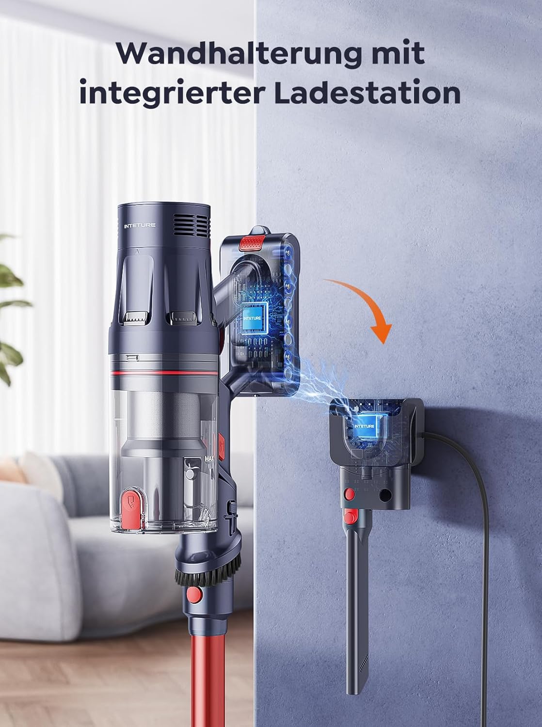INTETURE Akku-Staubsauger, 45 KPa/550 W, 60 Min Laufzeit, kabellos, Anti-Verhedderung, Touchscreen, Wandstation, Tierhaare & Hartböden