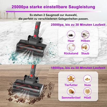 Akku-Staubsauger 25.000 Pa/175 W, 50 Min Laufzeit, kabellos, Anti-Tangle-Bürste, selbststehend, ultraleicht, für Teppich, Hartboden & Tierhaare